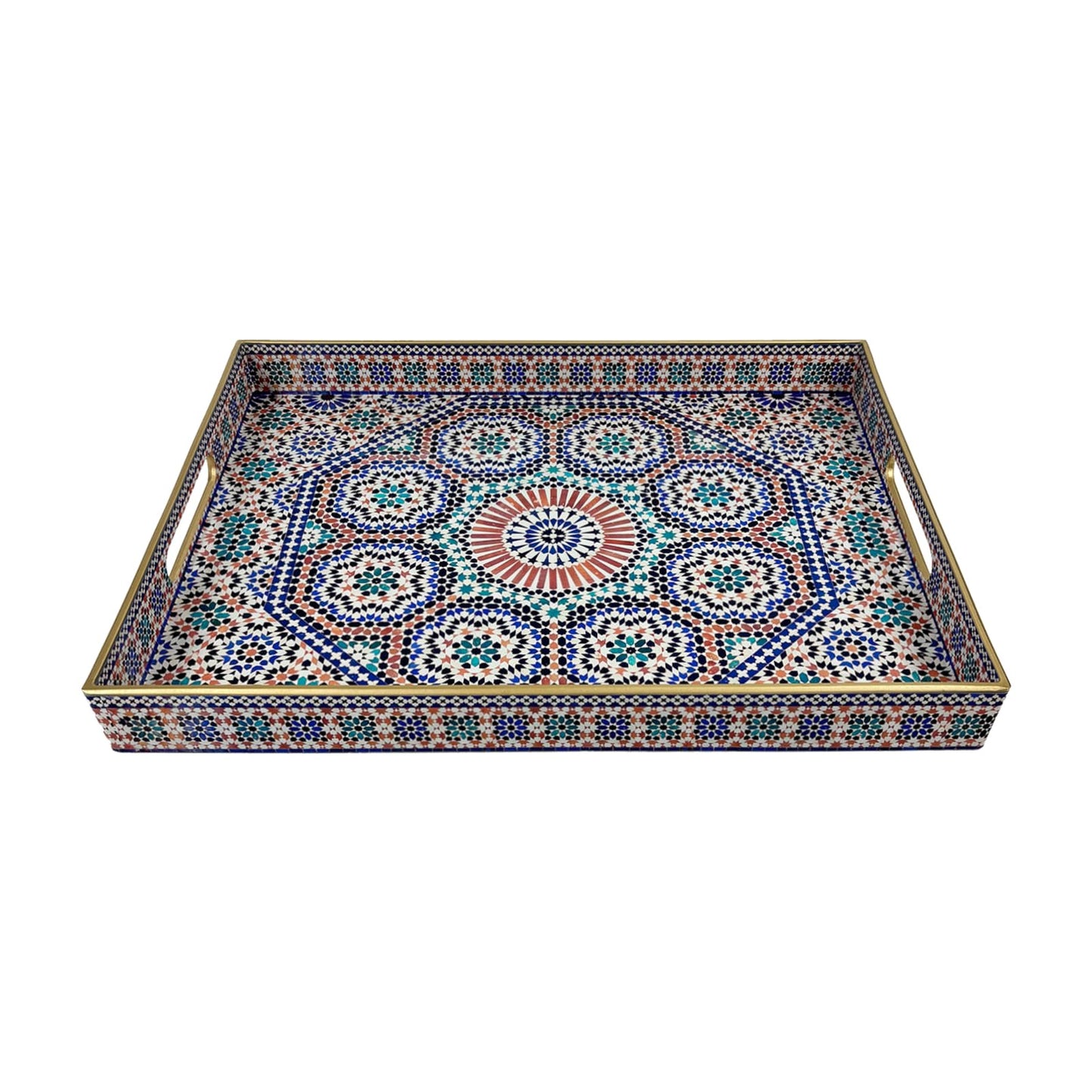 Plastic Coffee Trays,Serving Tray,Bohemian Blue Tray,15.7" L x 11.8" W x 1.57" H,Lightweight and Non-Slip with Handles,Perfect for Restaurants,Cafés,and Home Use(Rectangle Bohemian Blue)