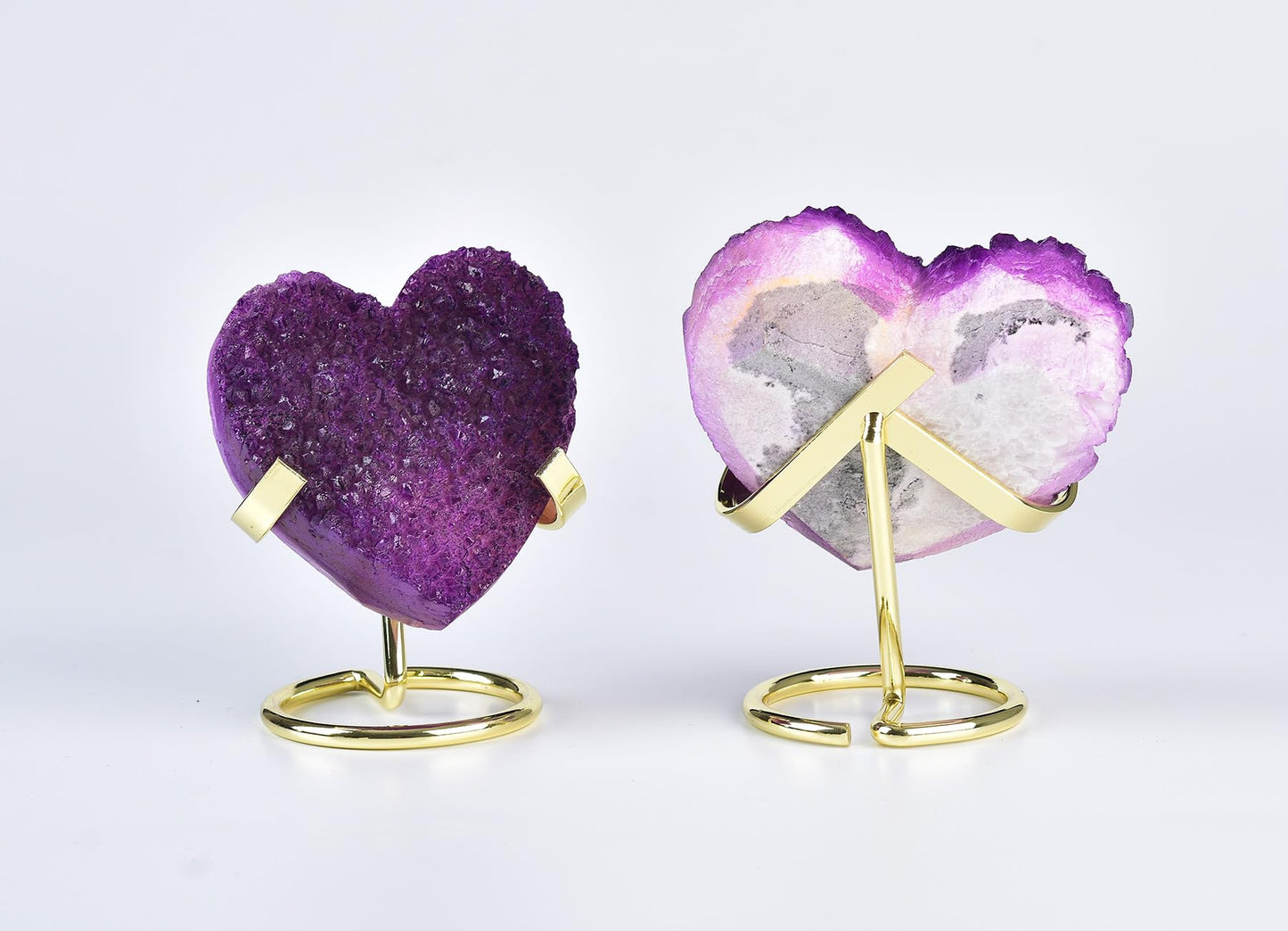 AMOYSTONE Large Heart Crystal Cluster Decorations Stone Meditation Healing Electroplating White Crystal Cluster with Alloy Display Bracket, Purple 3.2-3.6"