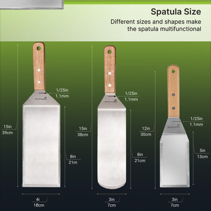 Stainless Steel Metal Spatula Set - Teppaniyaki Spatulas - Griddle Scraper Flat Spatula Pancake Flipper Hamburger Turner - Metal Utensil great for BBQ Grill Flat Top Cast Iron Griddle Accessories