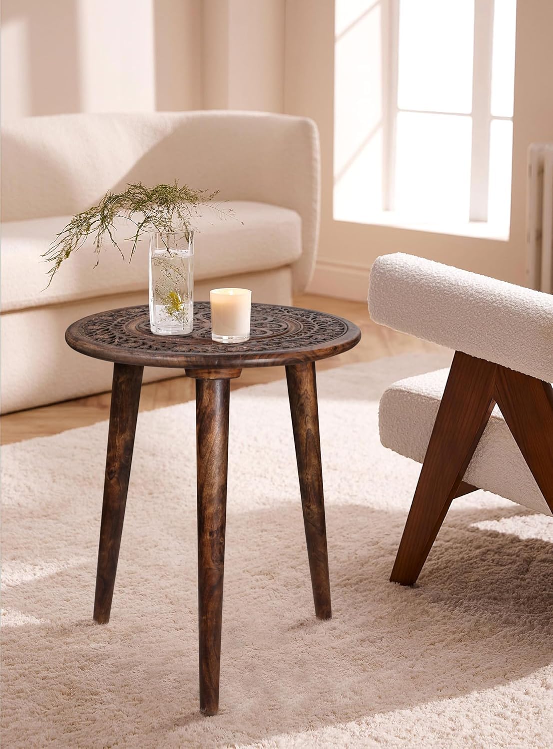Side Tables Round with 3 Legs-Small Drink Table for Small Spaces, Modern Accent Nightstand with Hand-Carved Top & Solid Wood end Tables for Living Room, Bedroom,Office – Burnt Finish_18x22