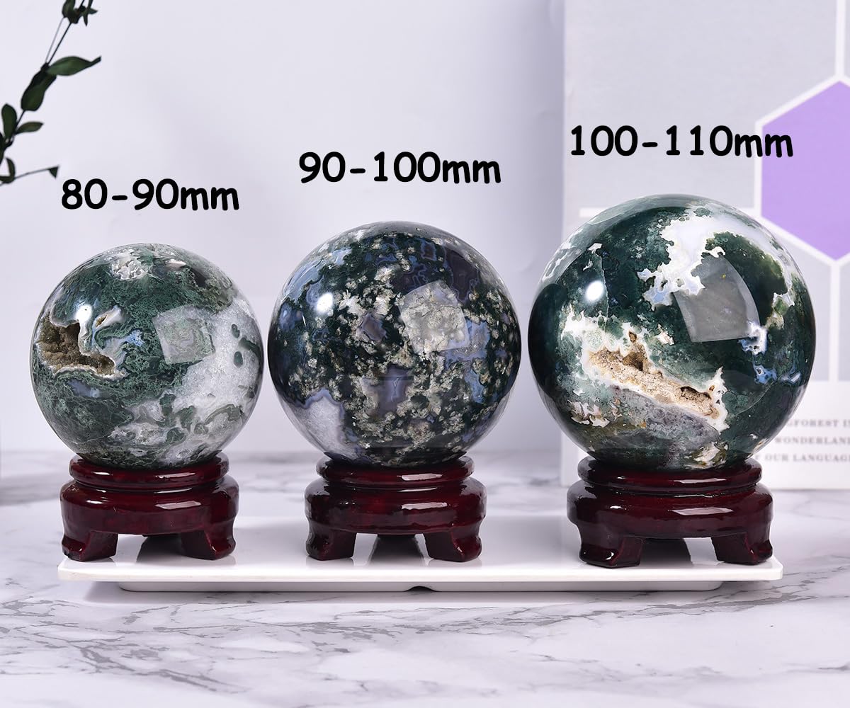 MOGEMT Large Moss Agate Crystal Sphere Natural Healing Crystal Ball with Stand Meditation Decorative Balls Home Decor 90-100mm/3.5-3.9"
