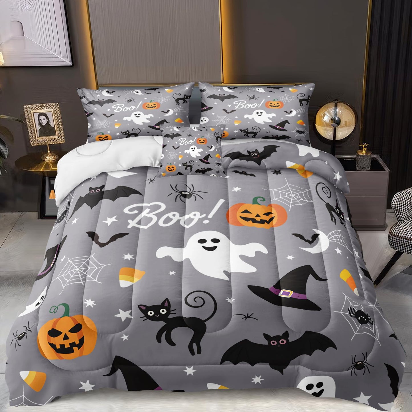 Merryword Halloween Bedding Comforter Set King Size Pumpkin Comforter Cute Pumpkin Ghost Pattern Cartoon Halloween Bedding Sets with 1 Cushion Cover (King, Cartoon)