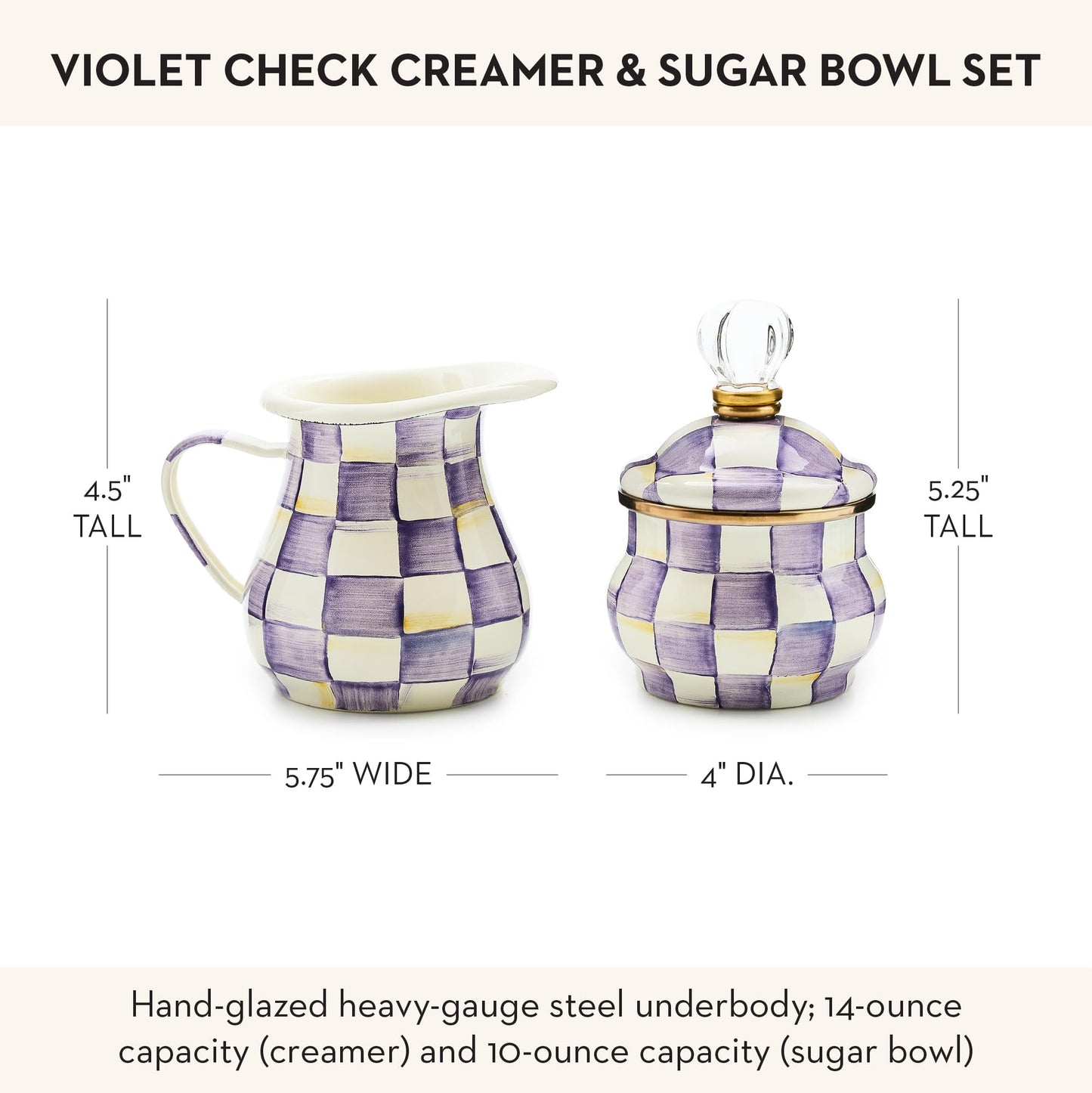 MACKENZIE-CHILDS Enamel Creamer and Sugar Bowl Set, Cream Dispenser with Pour Spout and Sugar Holder, Unique Kitchen Decor, Purple-and-White Violet Check