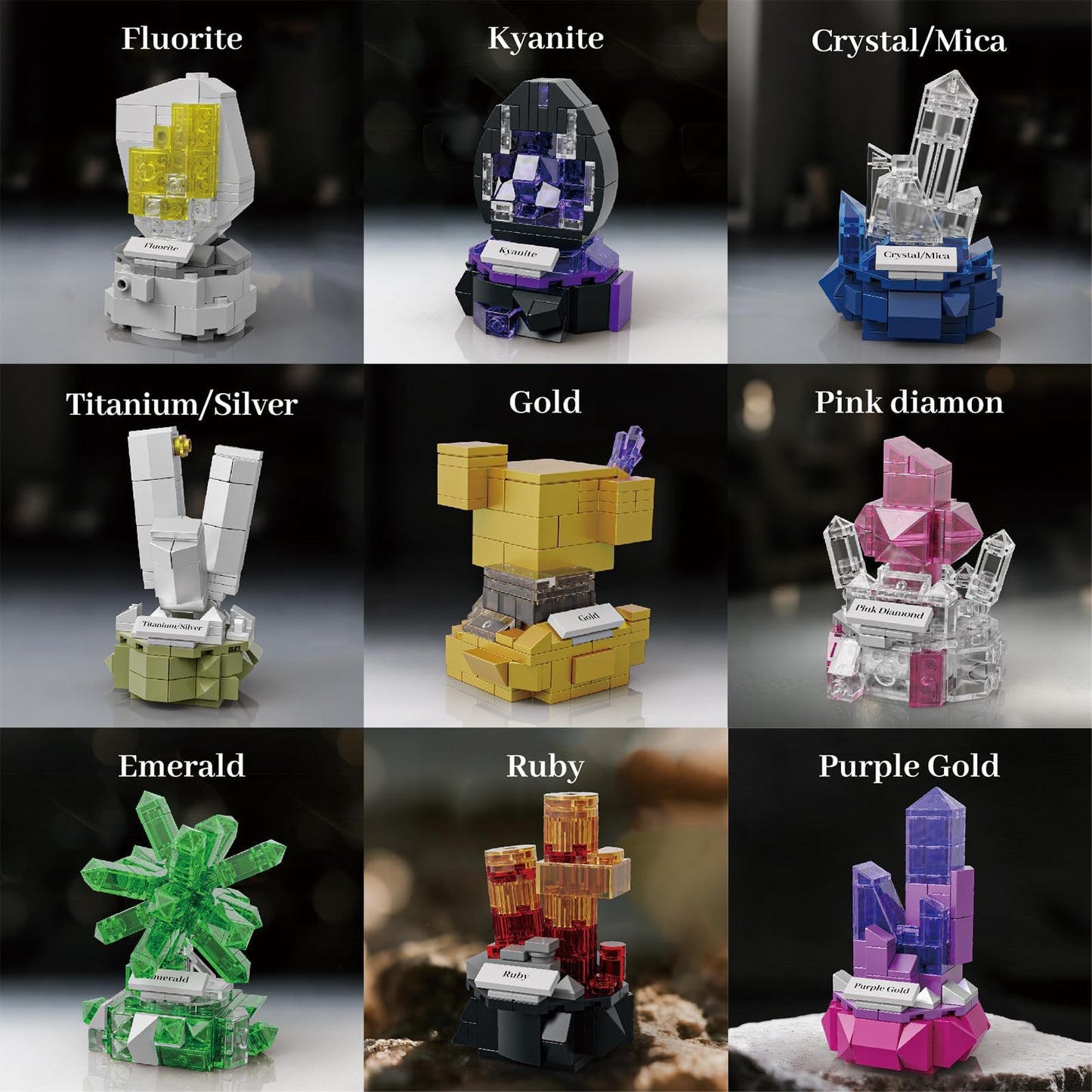 Mineral Display Building Blocks Set 794pcs, 9 Pack Gemstone Models, Crystal Rock Collection STEM Geology Bonsai Gems Home Office Decor, Compatible with Lego for Kids Adults Boys Girls 6+