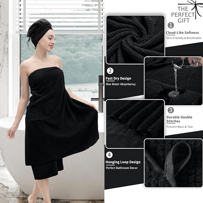 8 Piece Bathroom Towel Set Black |2 Oversized Large Bath Towels Sheet, 2 Hand
