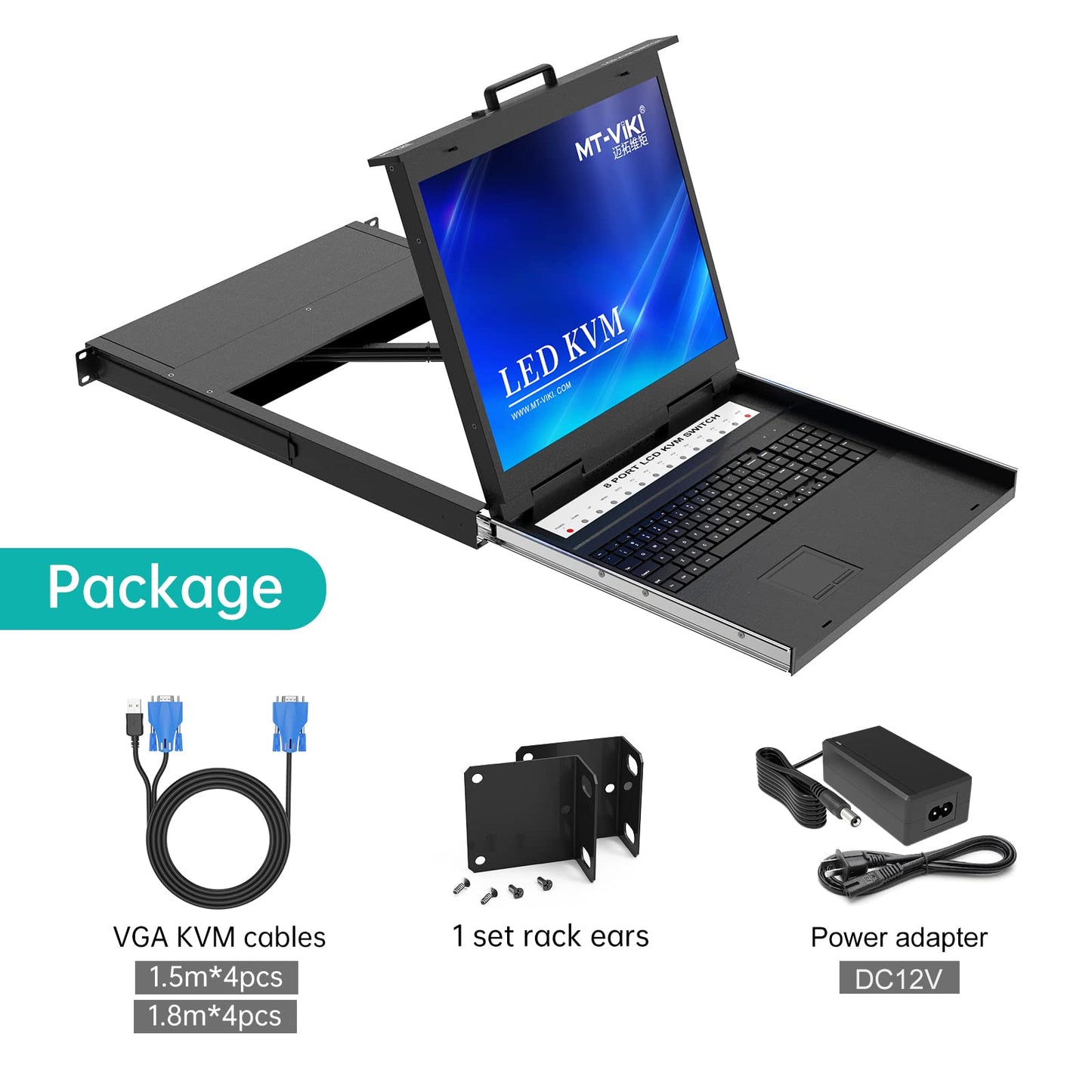 MT-VIKI KVM Rack Console w/19'' LCD Monitor, 8 Port VGA KVM Switch with Keyboard Touchpad Monitor, Fit for 1U 19'' Rack, OSD/Hotkey/Button 【with 8 KVM Cable】