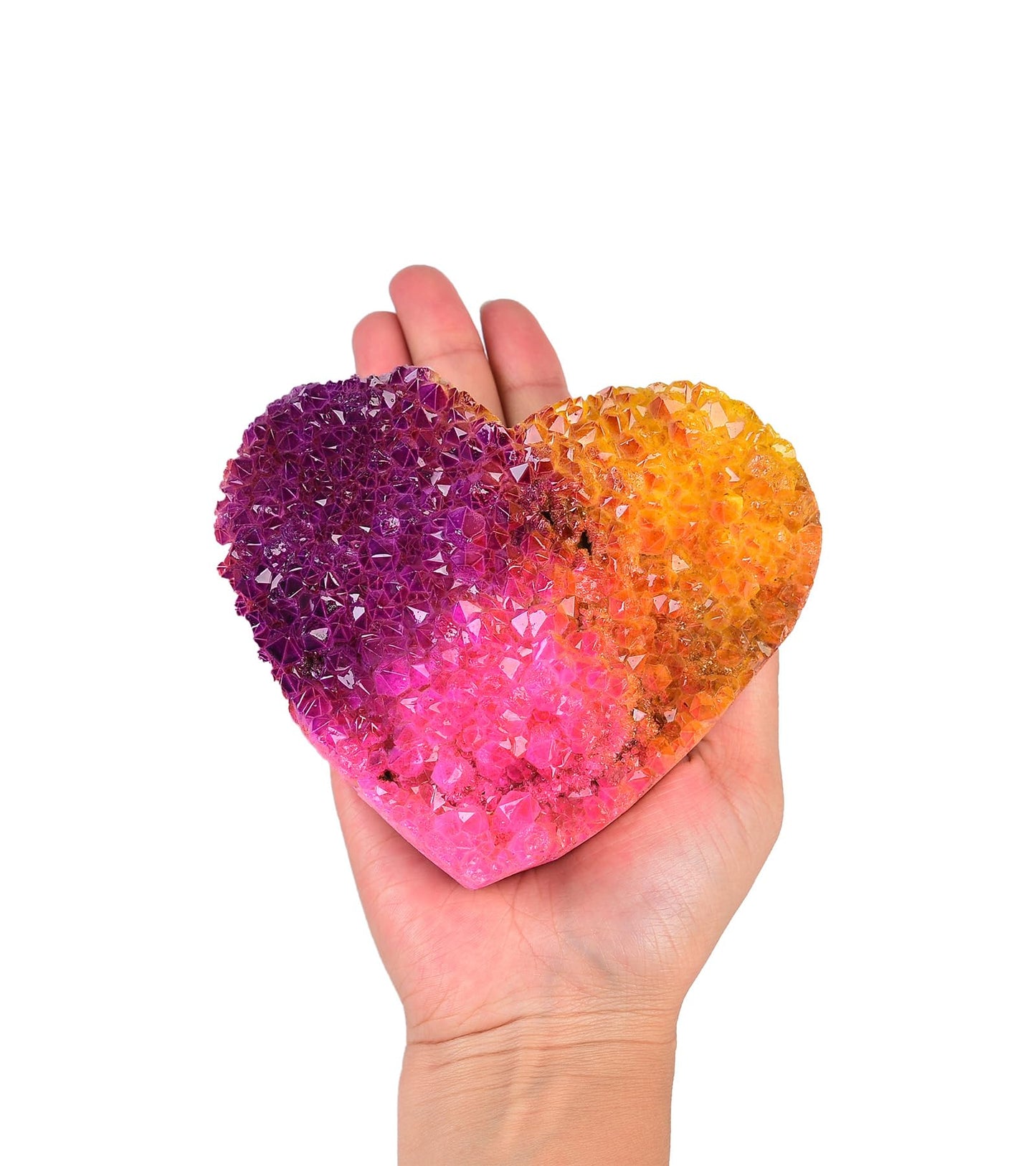AMOYSTONE Heavy Heart Shaped Crystal Cluster Electroplated White Crystal Cluster with Alloy Bracket, Home Office Decoration (Orange-Pink-Purple 2-2.5 LBS)