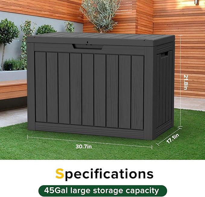 EasyUp 45 Gallon Outdoor Storage Box Waterproof, UV Resistant Deck Box Outdoor, Lockable Resin Deck Boxes for Garden Tools Equipment and Cushions, Black