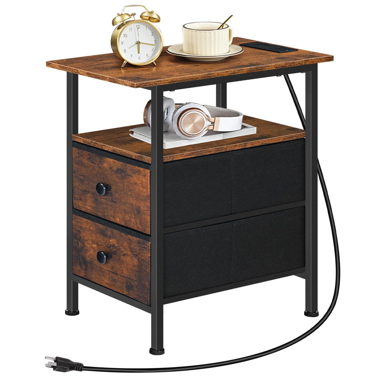 HOOBRO End Table with Charging Station, Narrow Side Table, Nightstand with 2 Non-Woven Drawers, Slim Sofa Side Table, for Small Spaces, Living Room, Bedroom, Rustic Brown and Black BF486UBZ01