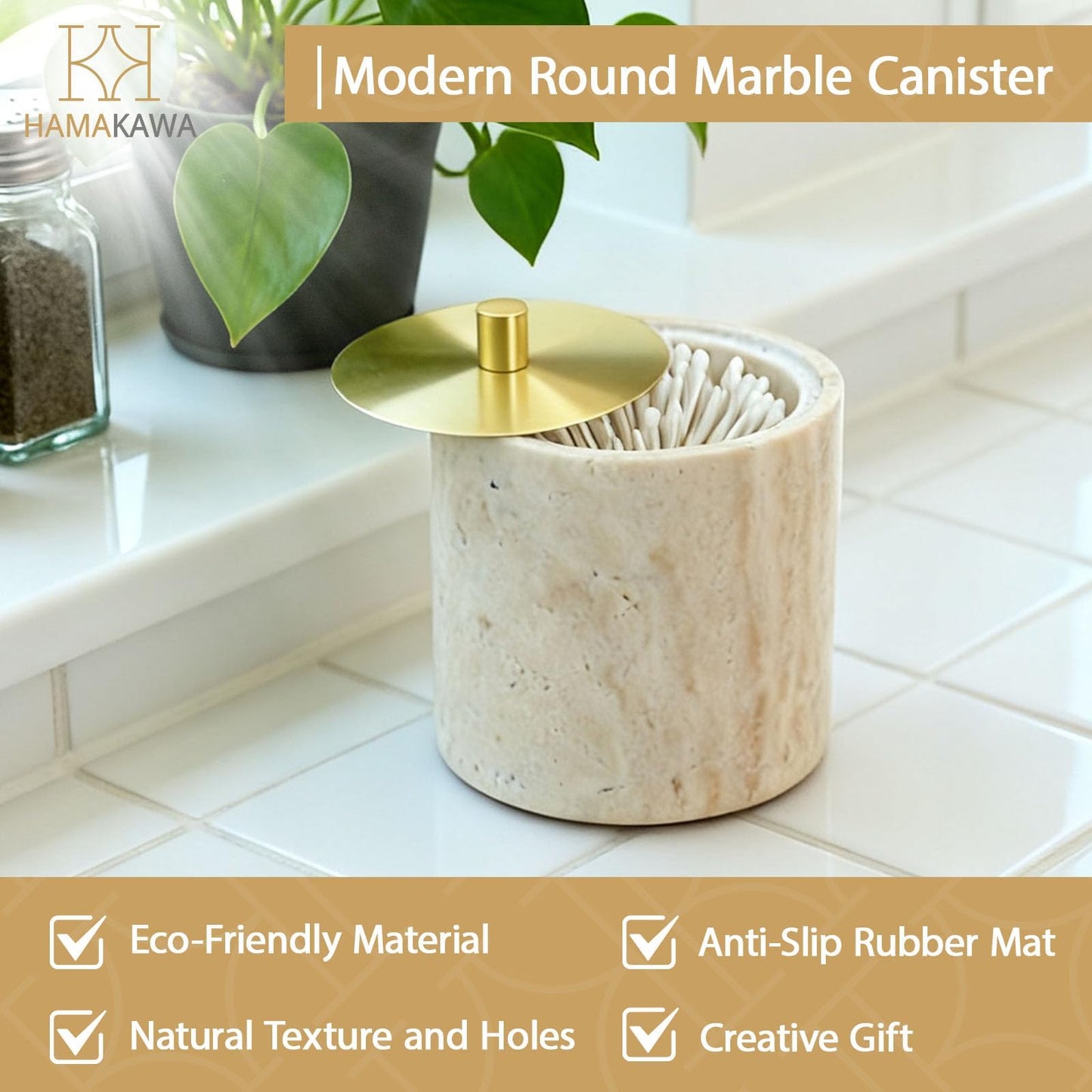 HAMAKAWA Nartural Marble Qtip Holder with Brass Lid, Beige Travertine Cotton Swab Jar, Modern Round Canister, Small Apothecary Storage Jars for Bathroom, Bedroom, Vanity, Kitchen Cabinet