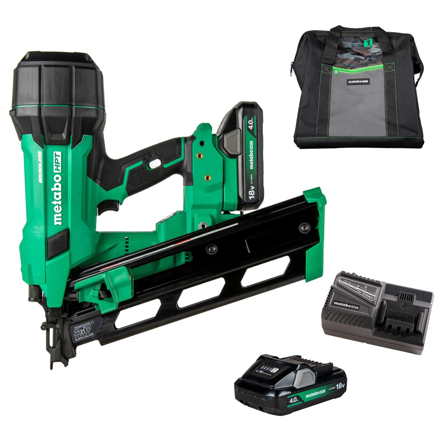 Metabo HPT 18V MultiVolt Cordless 21° Framing Nailer Kit, 3-1/2" Plastic Strip Framing Cordless Nailer, Power Tool with 4.0Ah Lithium Ion Battery, Drives 2" to 3-1/2" Nails, NR1890DRA