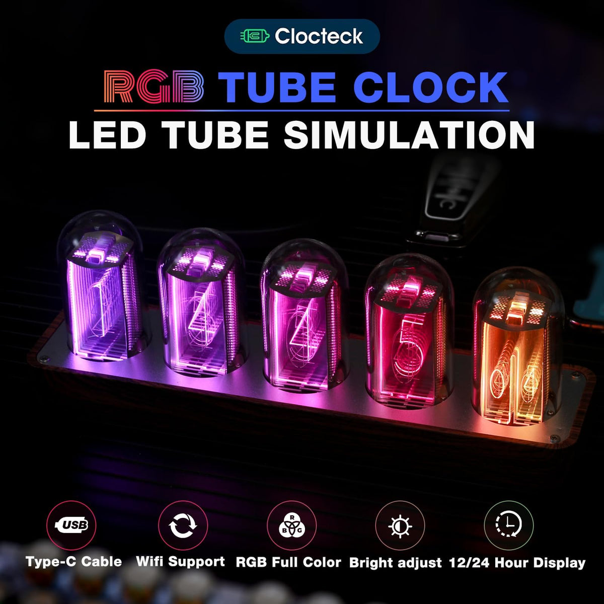 ClocTeck Nixie Tube Clock with Wi-Fi SYNC, Alarm & Timer, 12/24H Display, No Assembly Required - A Retro Gift for Friends (Wood Grain)