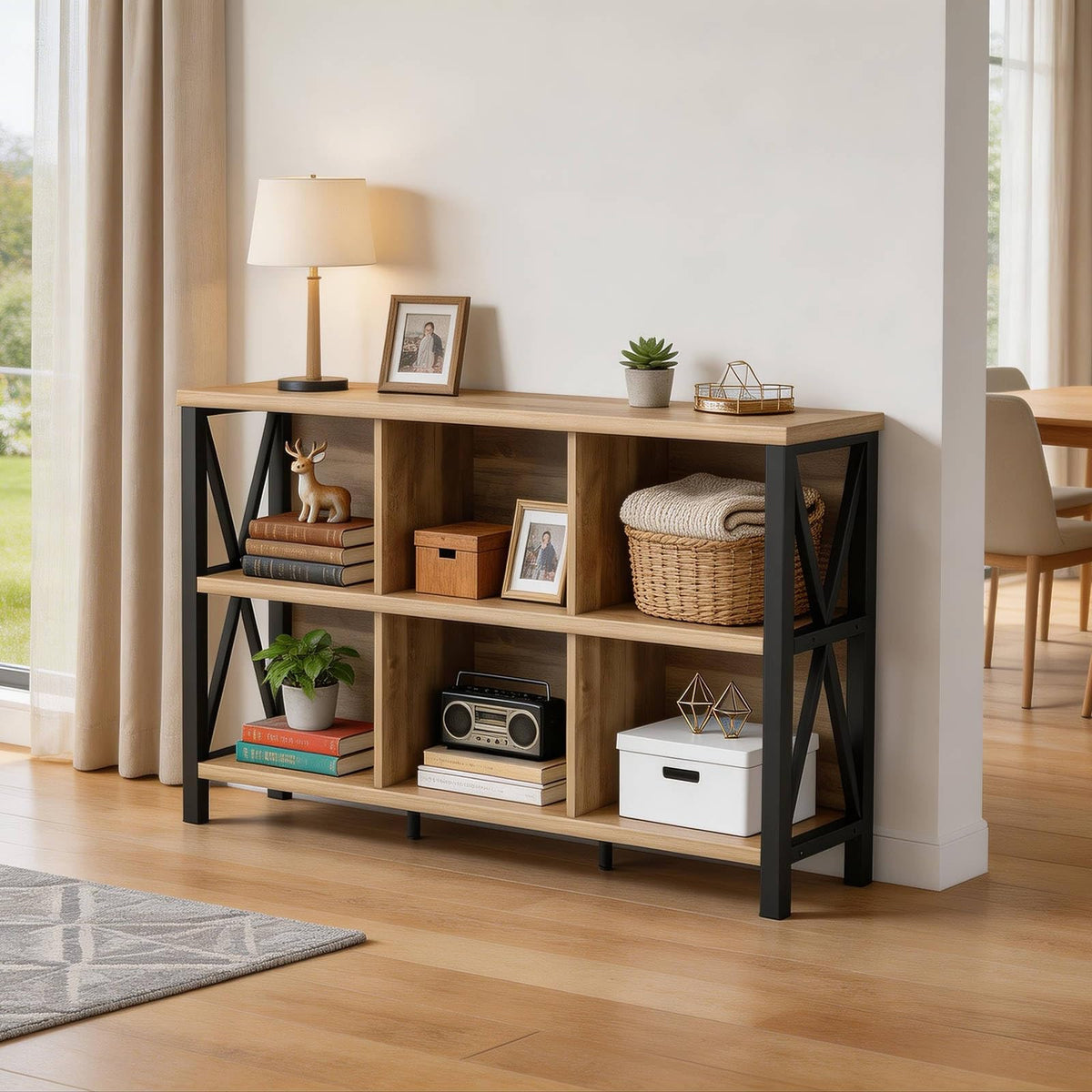 FATORRI 6 Cube Storage Organizer with Shelf, Long Wood and Metal Cubby Bookcase, Industrial Horizontal Bookshelf (Rustic Oak, 47 Inch)