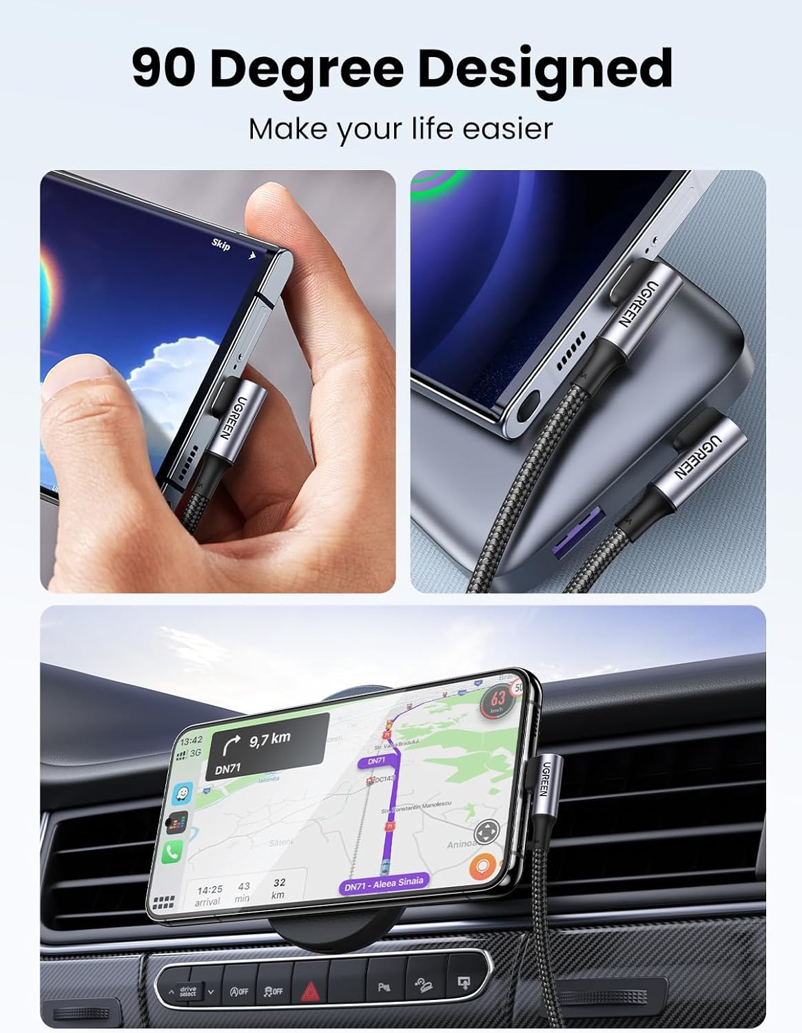 UGREEN 100W USB C to USB C Cable, 90 Degree Type C Cable for iPhone 17/17 Plus/17 Pro/17 Pro Max/16, MacBook Pro 2022, iPad Pro 2022, Samsung Galaxy S25/S24/Z Fold, Google Pixel, Switch,10FT