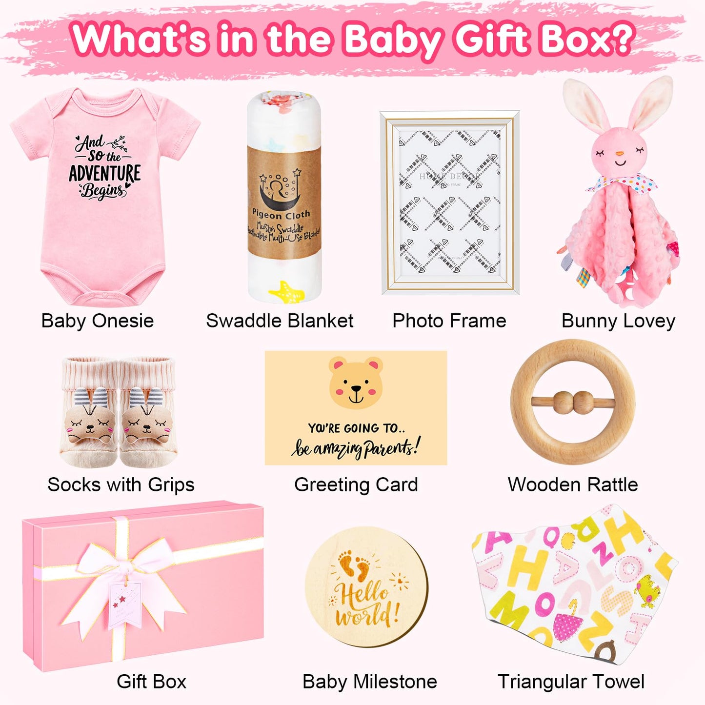 Baby Gift Basket for Newborn Girls & Boys, Baby Shower Gift Set for Girl, Newborn Baby Girl Essentials, Welcome Home, Gender Reveal Gifts for New Parents, Pink Gift Box