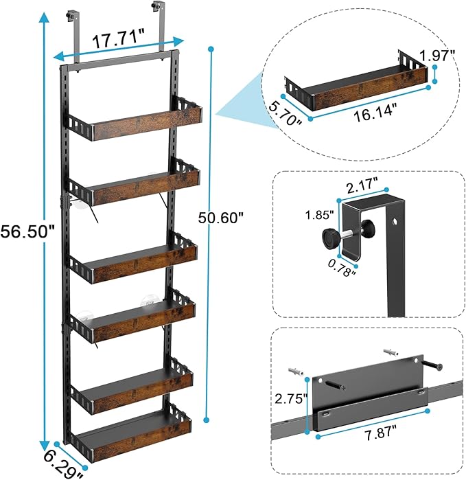 bukfen Over the Door Pantry Organizer, 6-Tier Adjustable Wooden Basket Kitchen