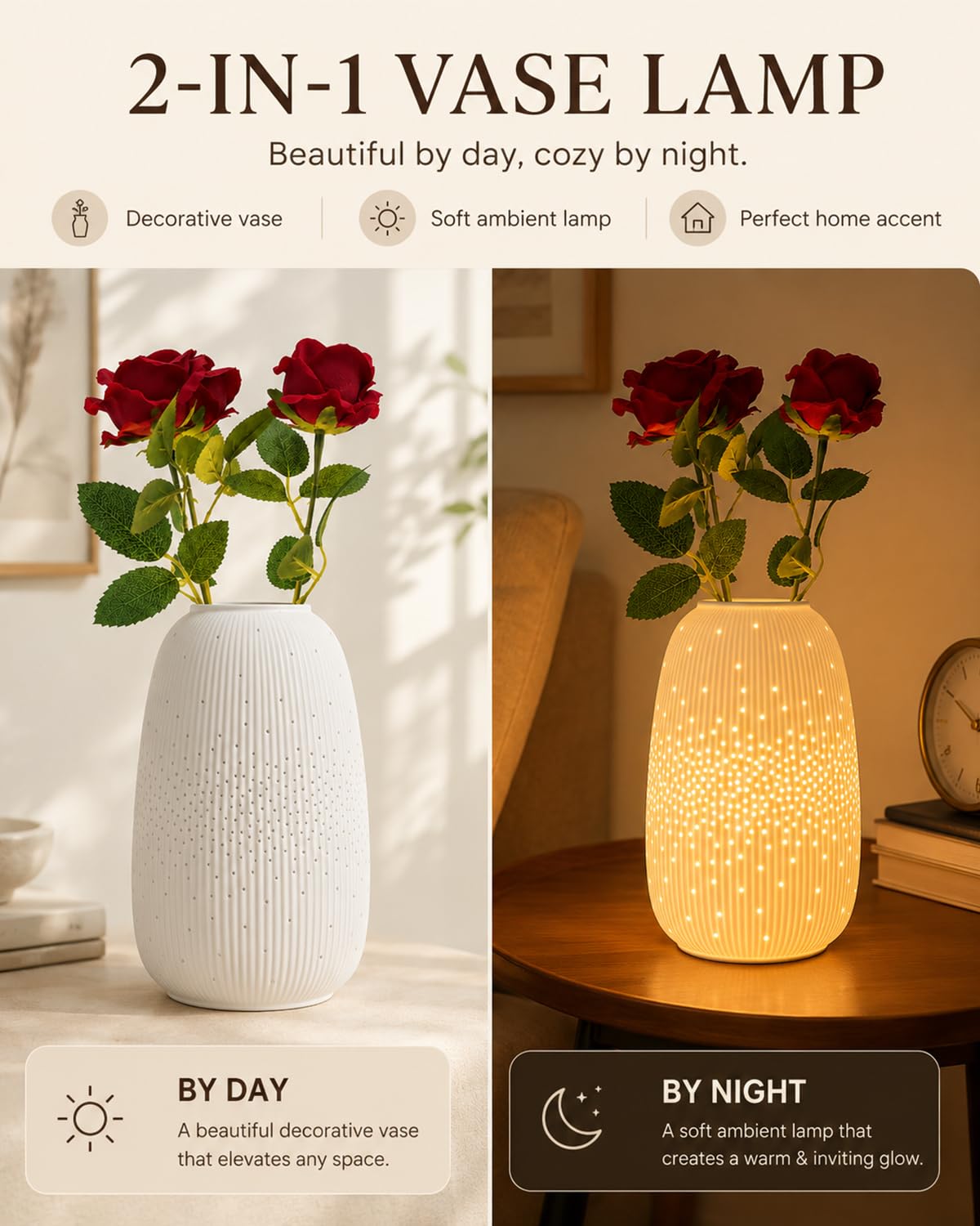 TACAHE Ceramic Vase Table Lamp, 2700K Bulb & 3 Artificial Flowers Included, E12 Socket, Inline Switch, Handmade Openwork Craft, Ambient Light for Living Room Bedroom - Starry 9.3"