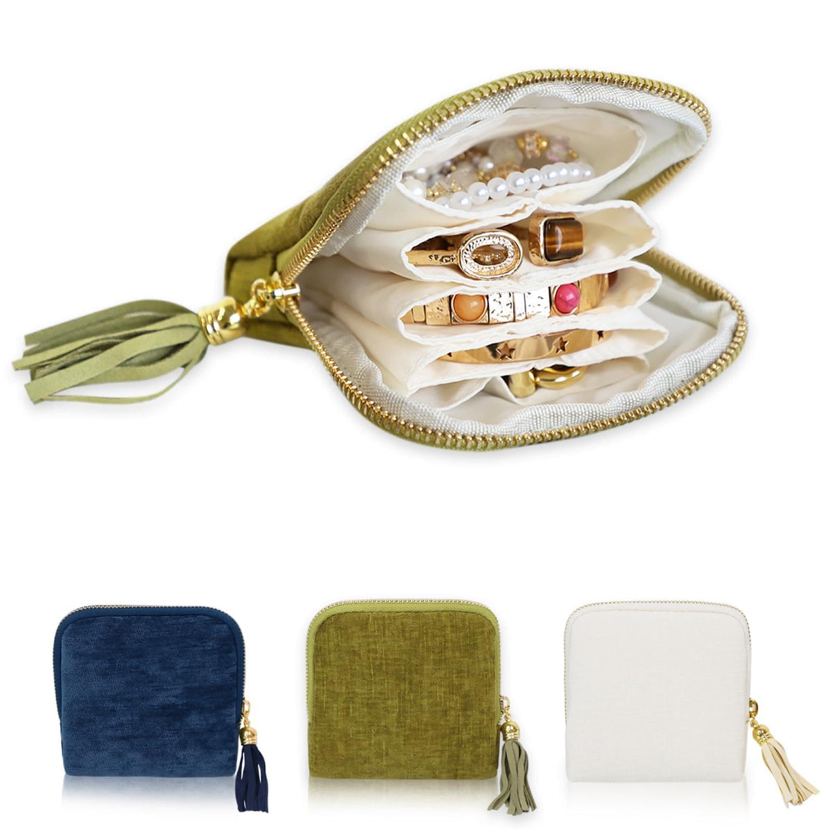Stratalife Travel Jewelry Case Organizer for Women Wedding Gifts Portable Velvet Pouches for Travel Essentials Jewelry Crystal Bracelets Necklace Storage, Ring Holder Green Tassel