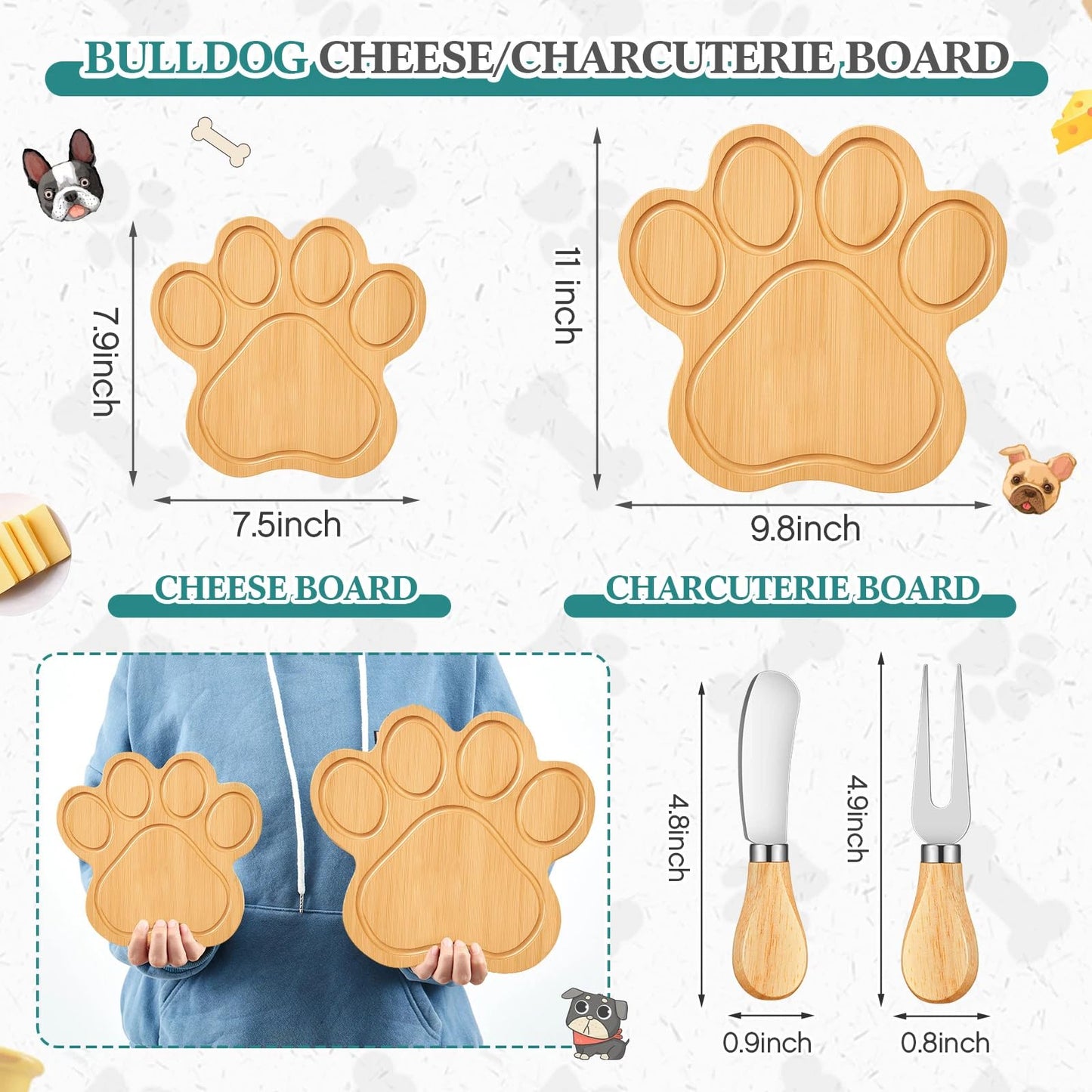 Ziliny Dog Paw Charcuterie Board Gift Set with Knives, Paw Print Cutting Board Dog Lovers Gifts for Women Wooden Puppy Platter for Christmas Housewarming Pet Lover Kitchen
