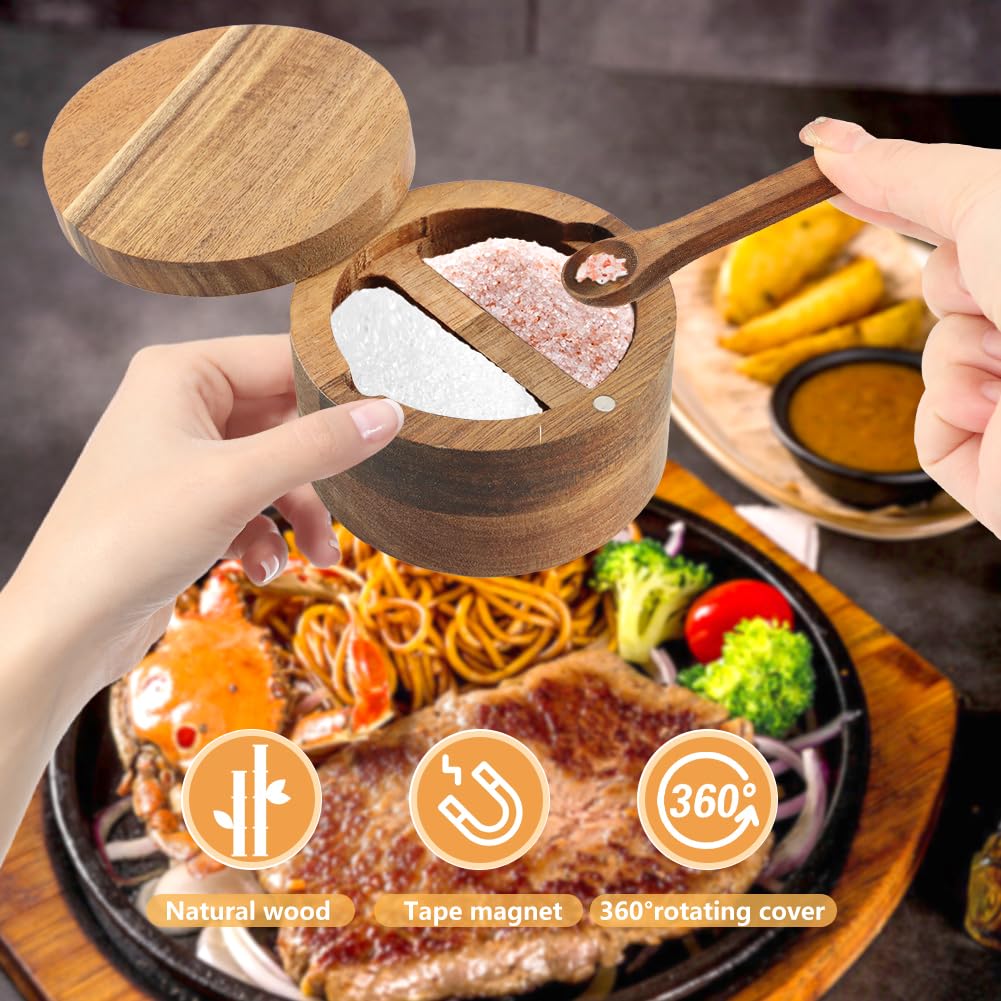 Restynic Wood Salt & Pepper Bowl with Magnetic Swivel Lid - Built-in Spoon, Natural Wood Grain, for Kitchen Spice Storage or Gifting(COLOR:Two Compartment)