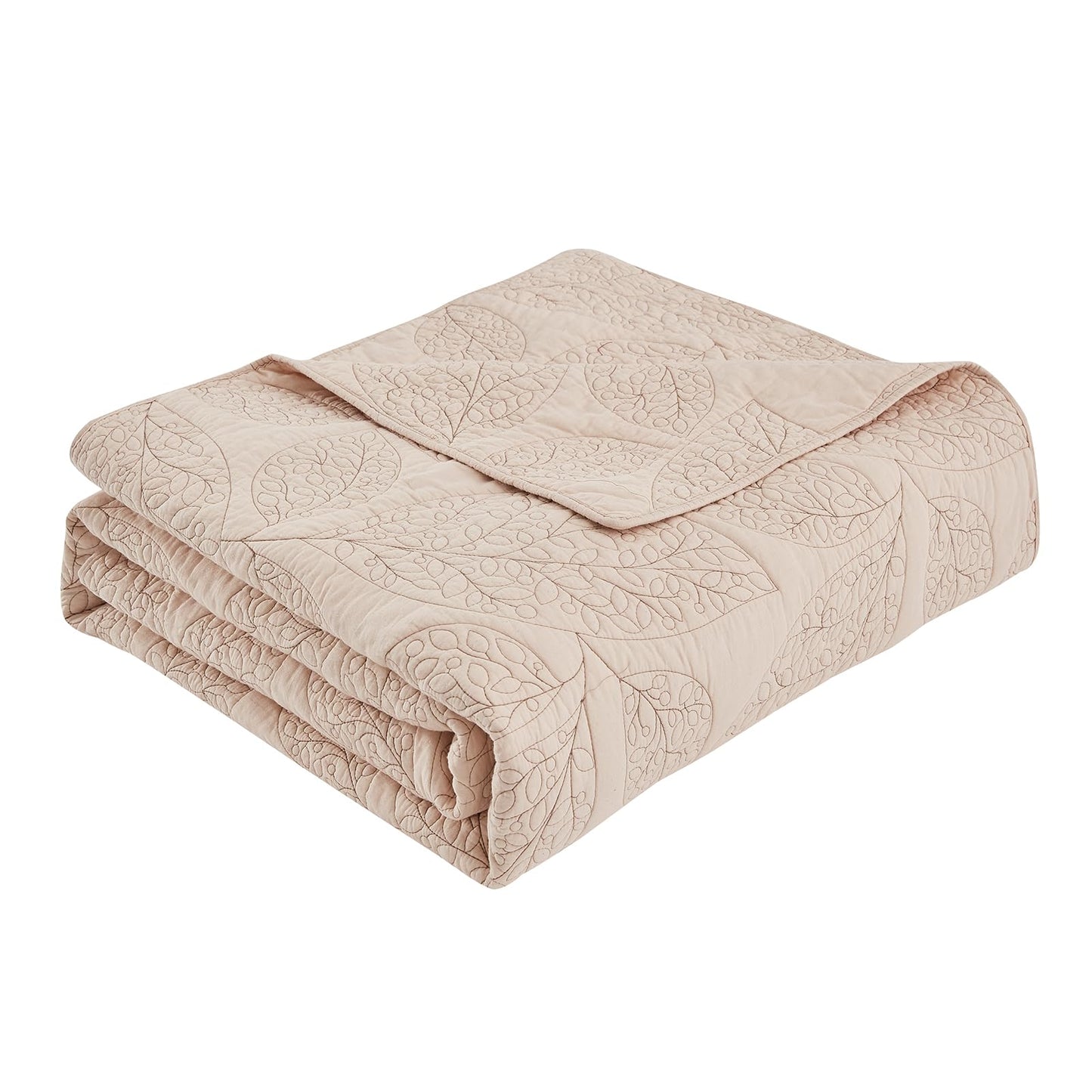 CHIXIN Botanical Cotton Quilt King Size - Real Stitching Leaf Pattern - Quilted Bedspread Coverlet Set, Ultra Soft, Lightweight, Reversible, 3 Piece, Oatmeal