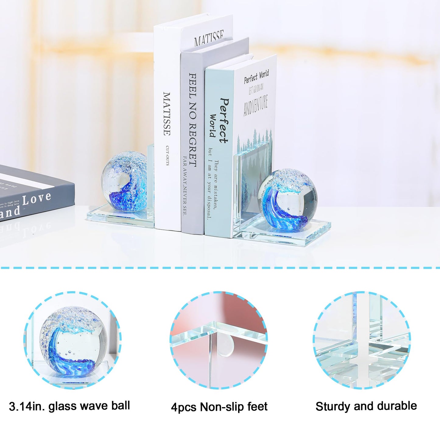 Arikyrist 1 Pair Crystal Bookends for Heavy Books with Hand Blown Ocean Waves Ball Glass Decorative Non Skid Bookends for Bookshelf Office Home (Blue)