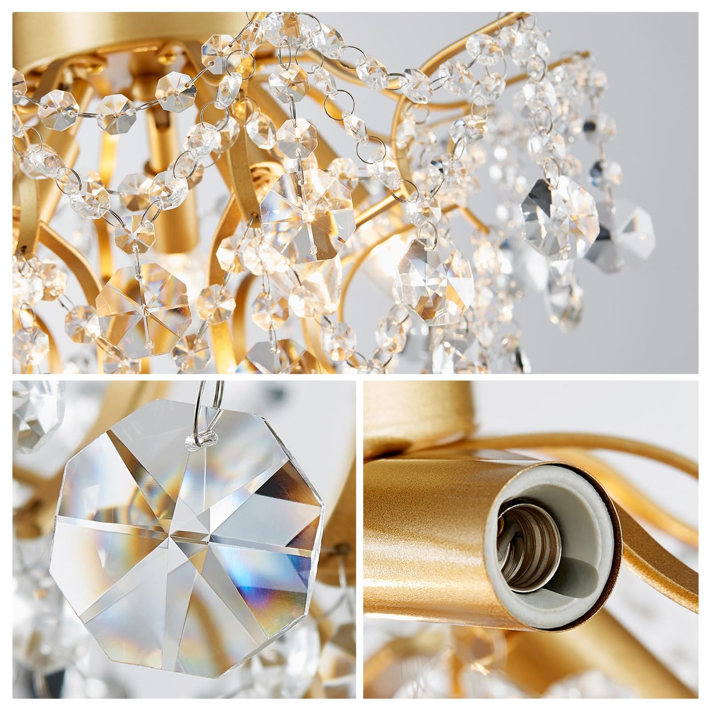 WUZUPS 5-Light Crystal Chandelier Flushmount Ceiling Light Modern Lighting Fixture for Bedroom Hallway Bar Kitchen Bathroom, H 12" W 15.4", E12 Base, Gold