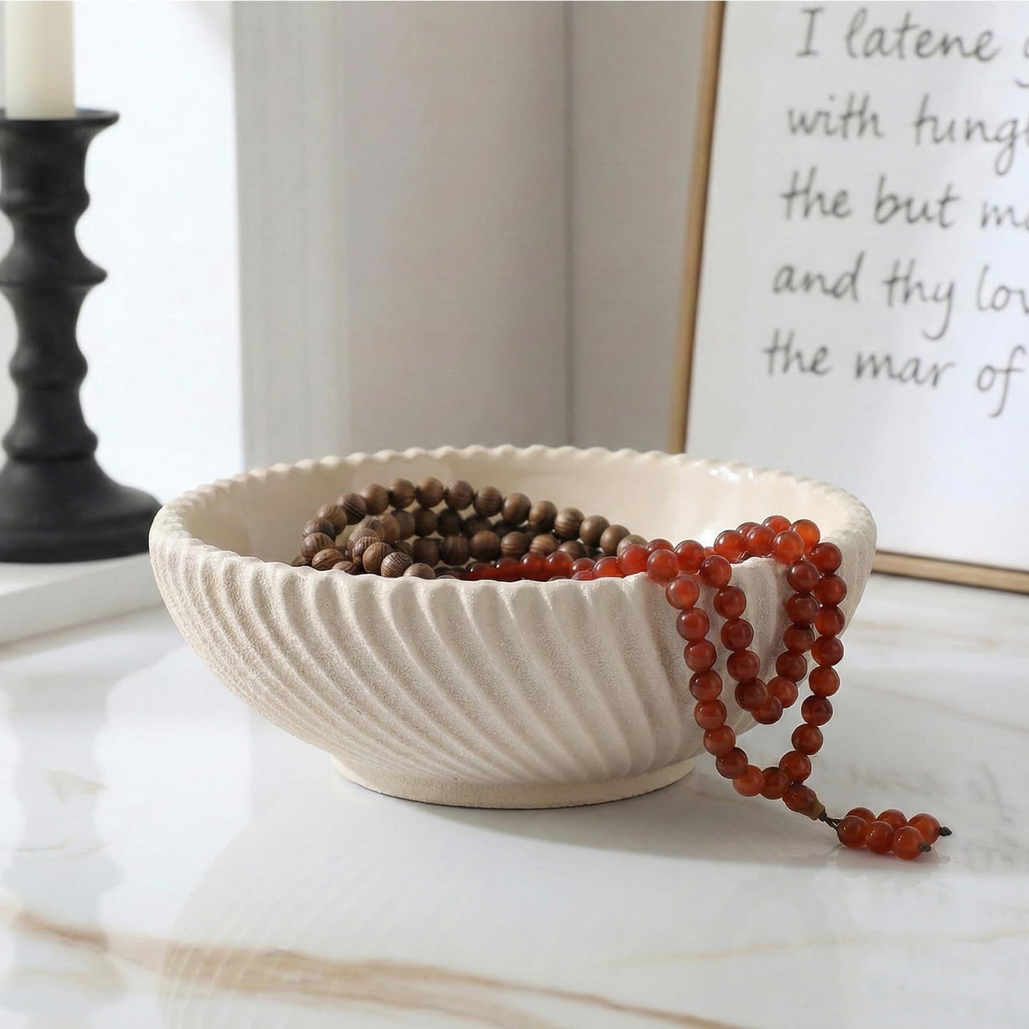 LINYTHER Large Decorative Fruit Bowl for Kitchen Counter or Table, Key Holder Bowl for Entryway Table, Bread Candy Snack Organizer, Modern Farmhouse Centerpiece Decor, Beige/Ribbed