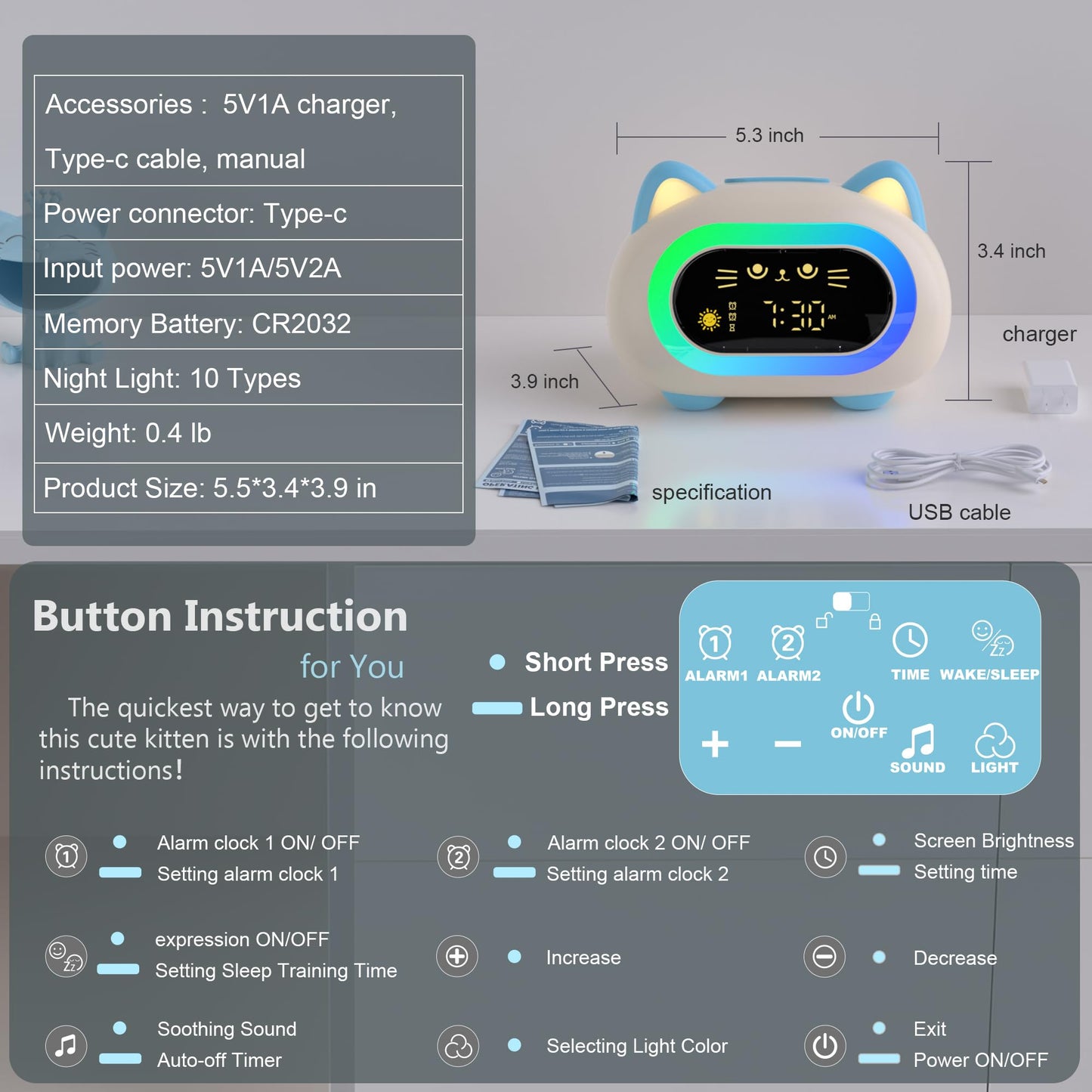 ANALOI Alarm Clock for Kids, Kids Alarm Clocks for Girls with Sleep Training Dual Alarm Eye Protection Auto Off Timer 10 Color Night Light, Cat Ok to Wake Clock, Gifts for Kids Girls