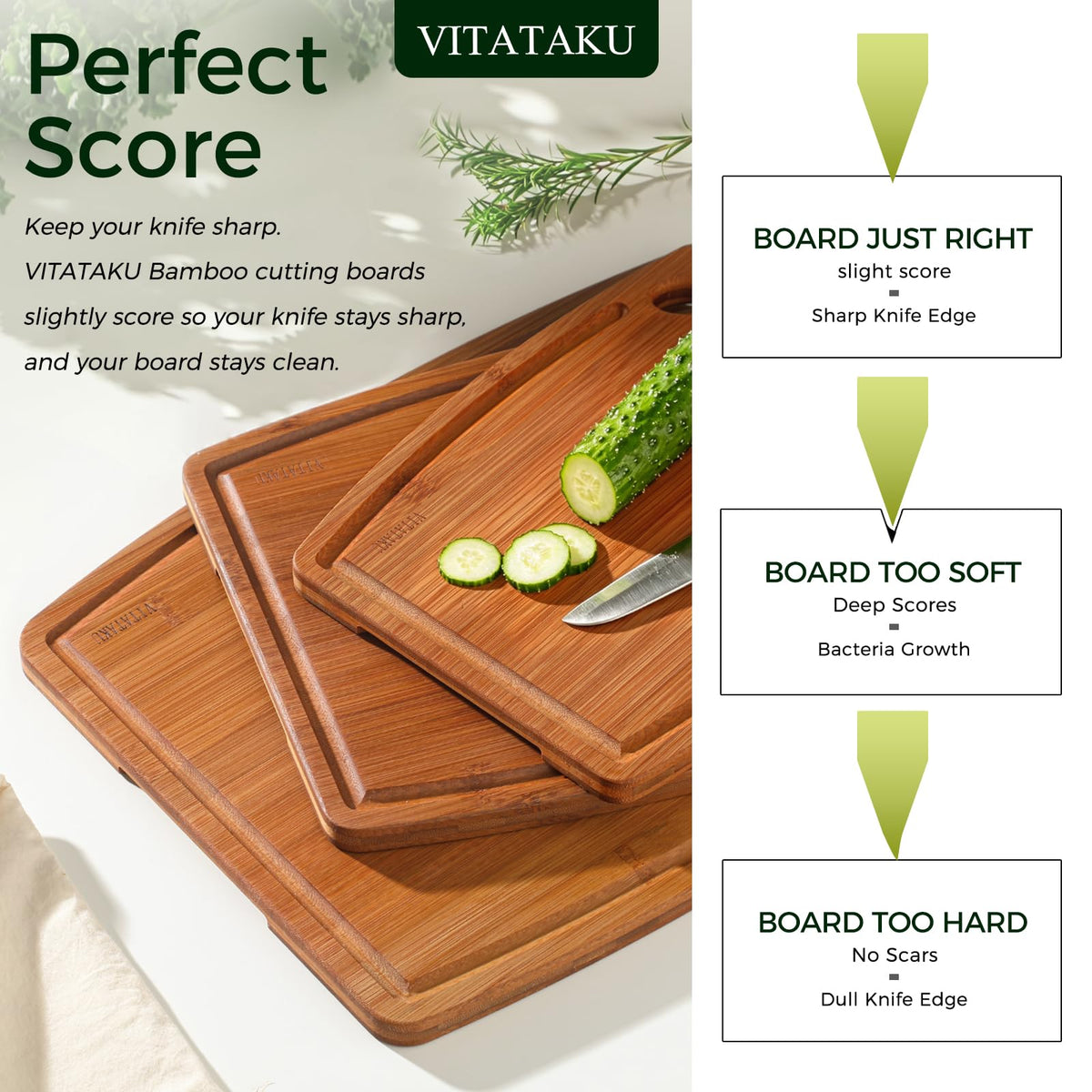VITATAKU Bamboo Cutting Boards for Kitchen, 15.4" Deep Carbonized Wood Cutting Board with Storage Stand, 3 Piece Extra Thick Cutting Board Set with Deep Juice Grooves, Gift for Charcuterie Boards