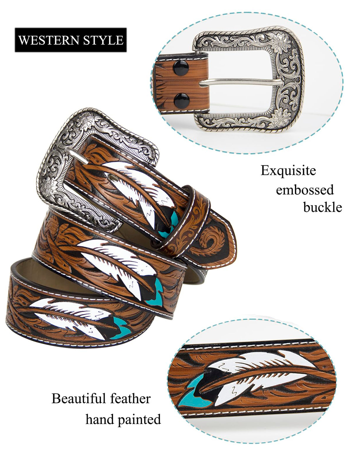 TOPACC Western Belts for Women Men with Buckle Cowgirl Cowboy Rodeo Brown Tooled leather belts for Jeans Dresses Country Outfit