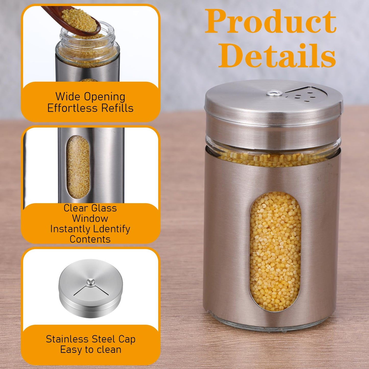 24 Pcs Stainless Steel Spice Jars with Shaker Lids, Seasoning Jars with Adjustable Pour Holes and Glass Window, Empty Spice Bottles for Kitchen Salt Pepper Sugar Seasonings (3.4oz)