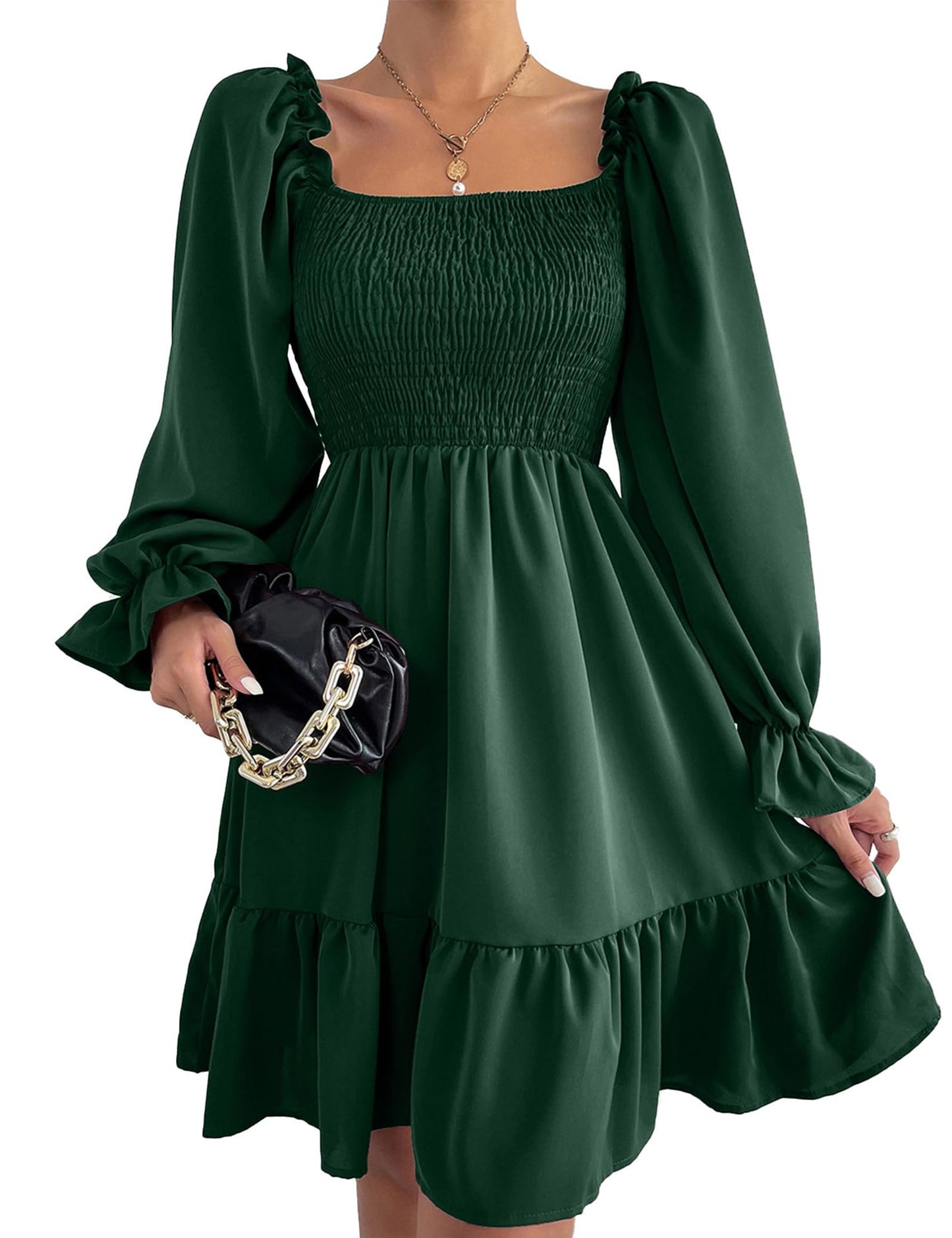 Ekaliy Women's Casual A line Dress Knee Length Puff Sleeves Smocked Elegant Homecoming Dress Green M