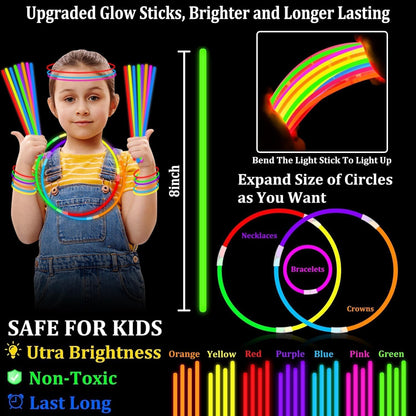 TURNMEON 100 Pack Ultra Bright Glow Sticks Bulk Party Pack Glow In The Dark Party Supplies Glow Sticks Necklaces Bracelets with Connectors 8" Glow stick Light Up Toy Birthday Wedding Pool Halloween