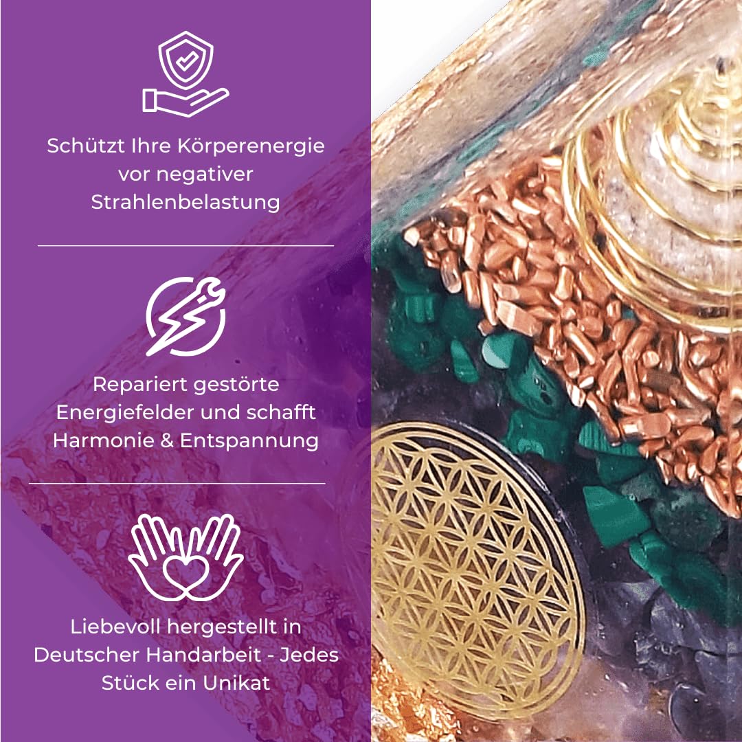 ORGONIC-Art Orgonite Pyramid – Inspired by the Ideas of Wilhelm Reich, with Malachite, Amethyst & Rose Quartz, a Symbol for a harmoniously perceived Atmosphere amid WiFi, 5G & Modern Technology.
