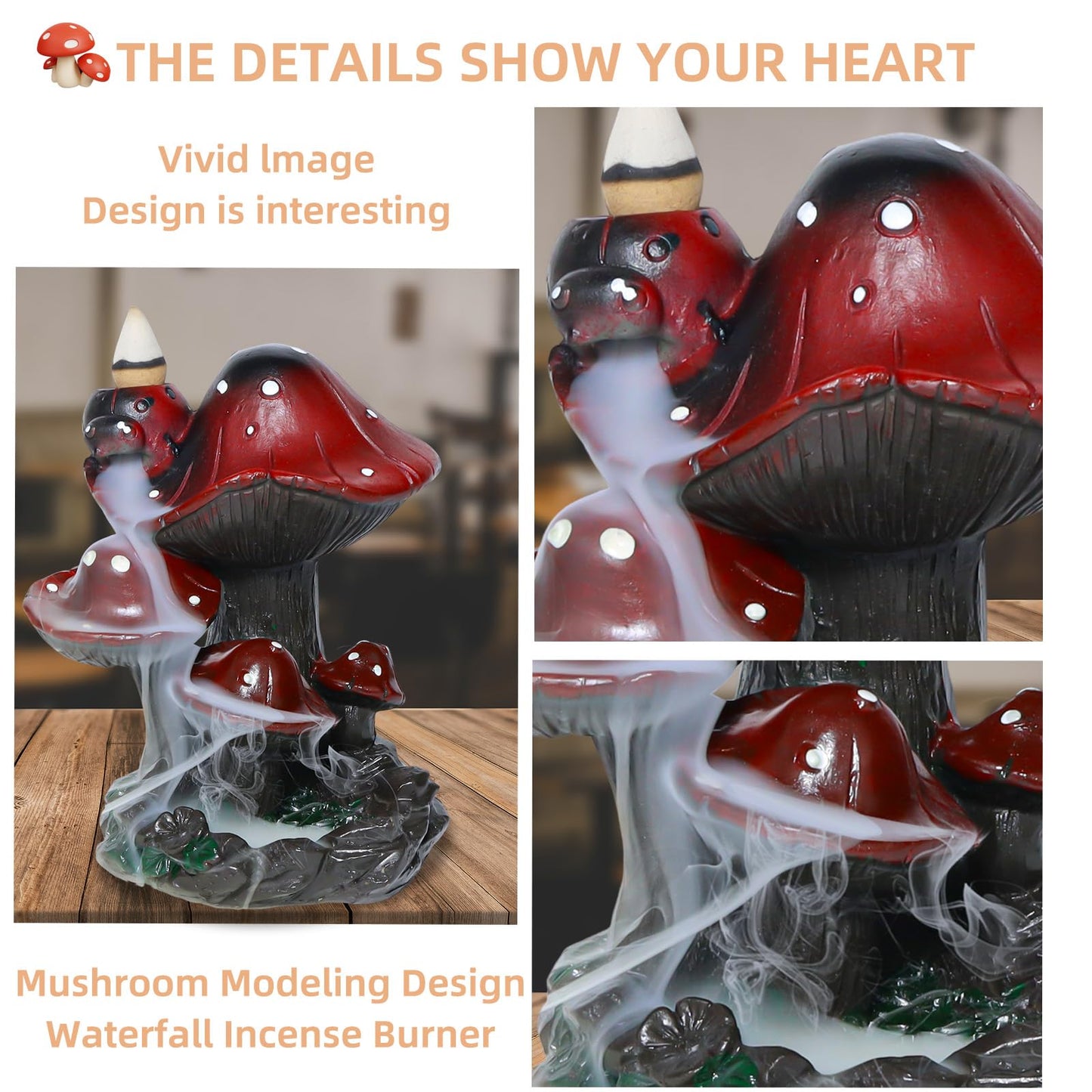 Mushroom Backflow Incense Holder – Ceramic Incense Cone Holder with 60 Backflow Incense Cones | Waterfall Incense Burner & Waterfall Fountain | Unique Smoke Cascade Effect for Relaxation & Meditation
