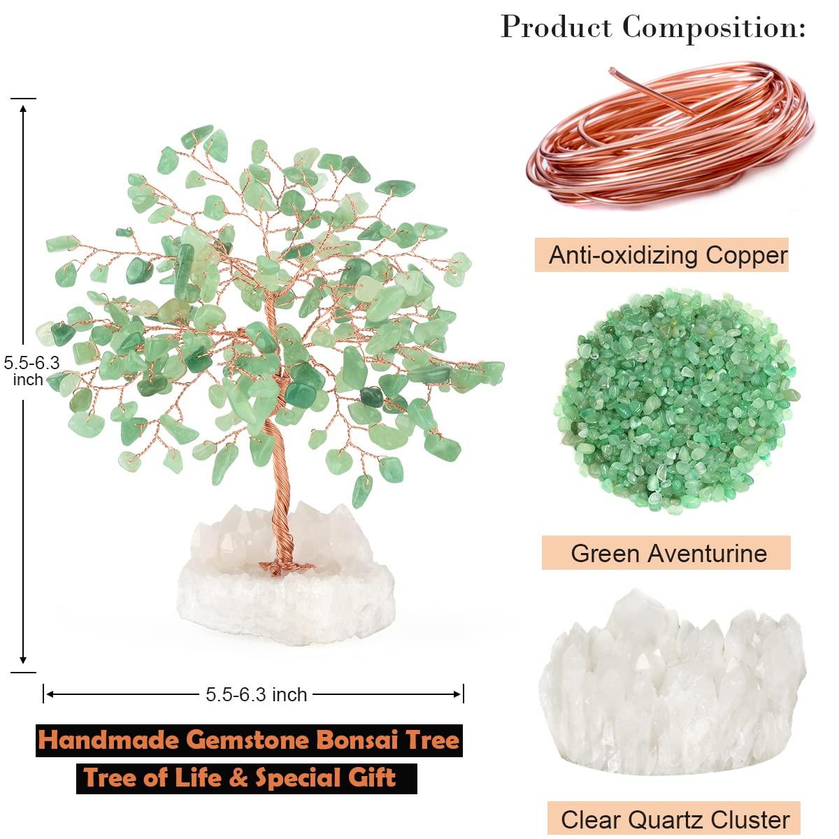 MASGEMES Crystal Tree of Life,Aventurine Jade Clear Quartz Cluster Base,Bonsai Feng Shui Decor Money Tree,Healing Crystals Positive Enegy,Gift Size 5.5"-6.3"