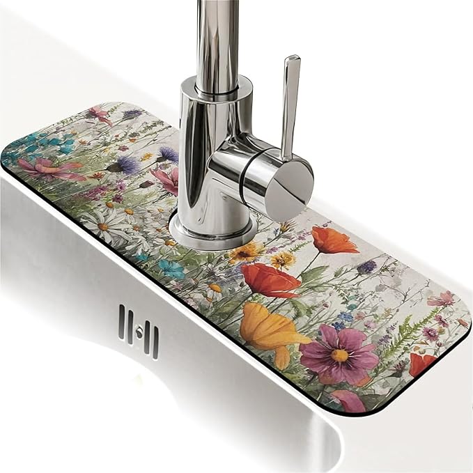 Kitchen Sink Splash Guard，wildflowers-in the meadow Faucet Mat Sink
