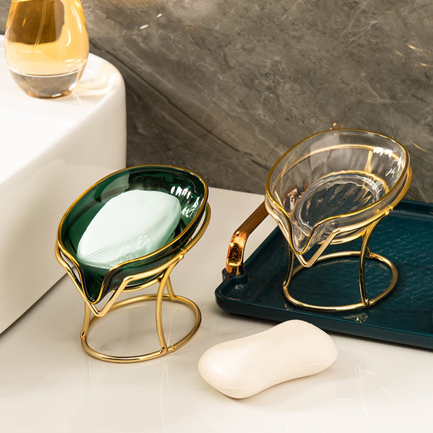 Plcnn Bar Soap Holder Self Draining Soap Dish, Decorative Bathroom Soap Tray with Gold Iron Frame Creative Soap Box for Bathroom, Kitchen Sink Home Gift