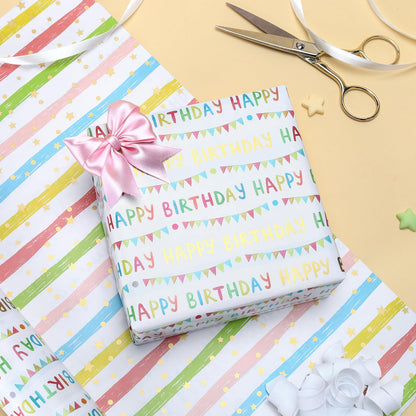 LaRibbons Reversible Happy Birthday Wrapping Paper, Colorful Birthday Lettering with Party Bunting, Stripe & Gold Foil Star Design on Back, Festive Gift Wrap for Party Celebration, Kids, Girls, Women, 17" x 33'