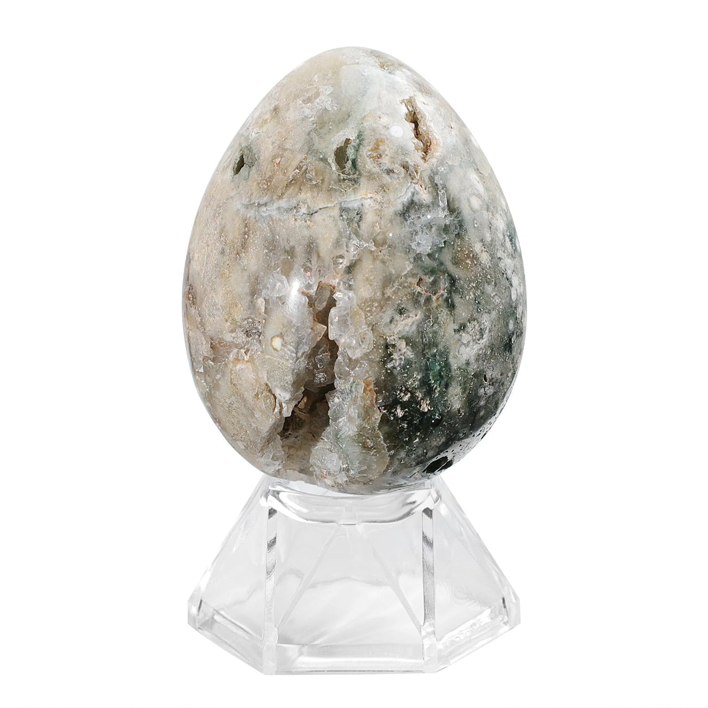 Rockcloud Natural Ocean Stone Egg Sphere with Acrylic Stand Polished Reiki Crystal Sphere Figurine for Easter Blessing& Home Decor, 0.22-0.44 lb