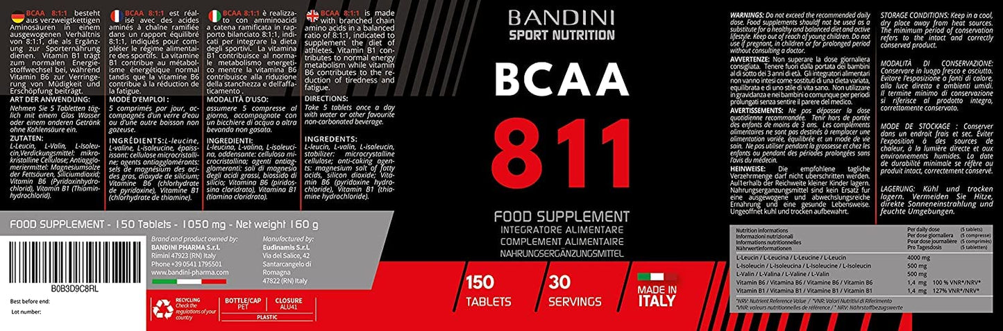 Bandini® BCAA 8.1.1 150 Tablets - BCAAs 8:1:1 Branched Chain Amino Acids | L-Leucine, L-Isoleucine, L-Valine | Enriched with Vitamin B1 and B6 | Lactose Free & Vegan | Pre and Post Workout Supplement
