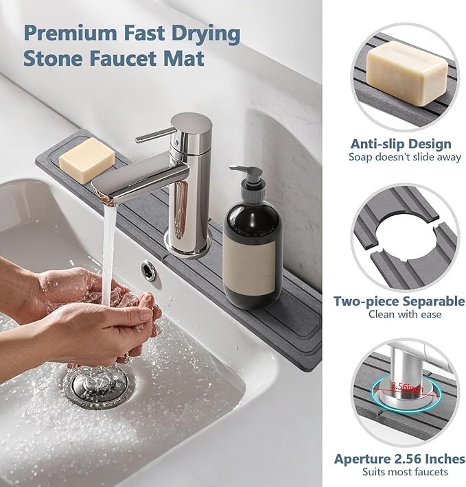 Faucet Mat for Kitchen Sink, Rapidly Absorbing Diatomite Fast Drying Stone