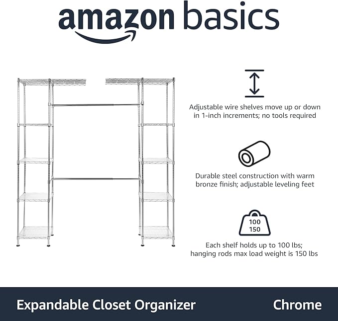 Amazon Basics Expandable Adjustable Metal Closet Organizer