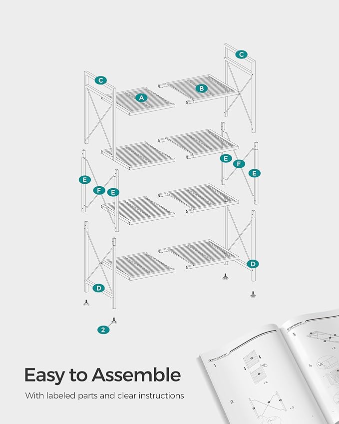 SONGMICS 4-Tier Metal Storage Rack, Shelving Unit with X Side Frames, Dense Mesh, 12.6 x 31.5 x 44.3 Inches, for Entryway, Kitchen, Living Room, Bathroom, Industrial Style, Ink Black UBSC184B01
