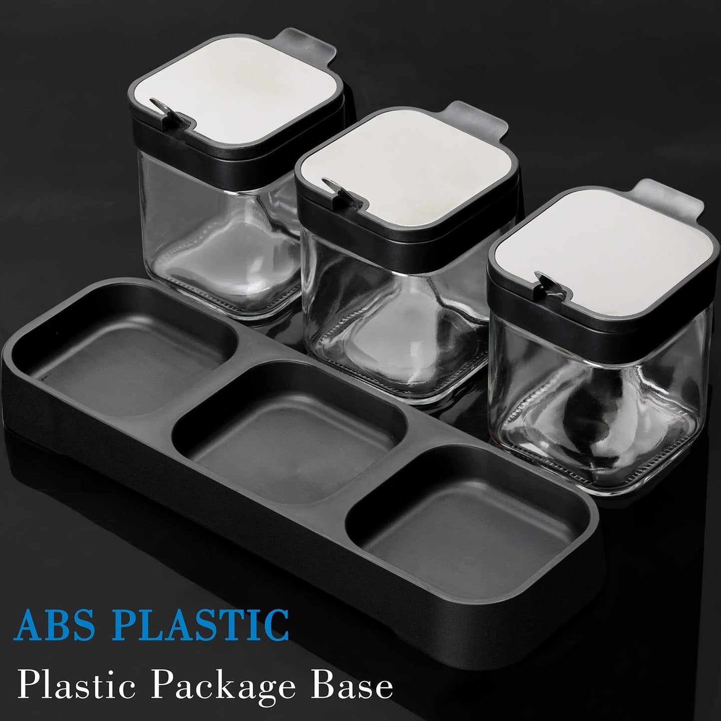 Mlici Condiment Jar Spice Container with Lids and Spoons, 8.6oz Clear Glass Condiment Canisters Pots Seasoning Box Salt Container Sugar Bowl Set of 3 for Kitchen, Containers, Black