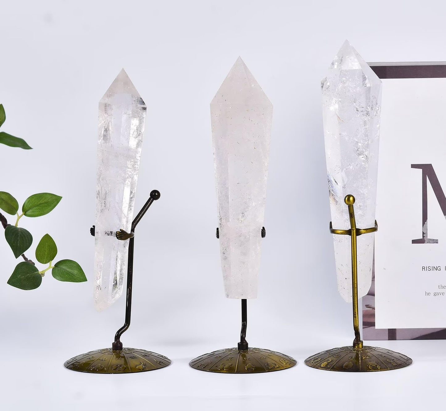 White Crystal Wand Point Long Healing Crystal Scepter Decorative Stone Reiki Meditation with Display Stand Home Office Decor 0.6-0.8LBS
