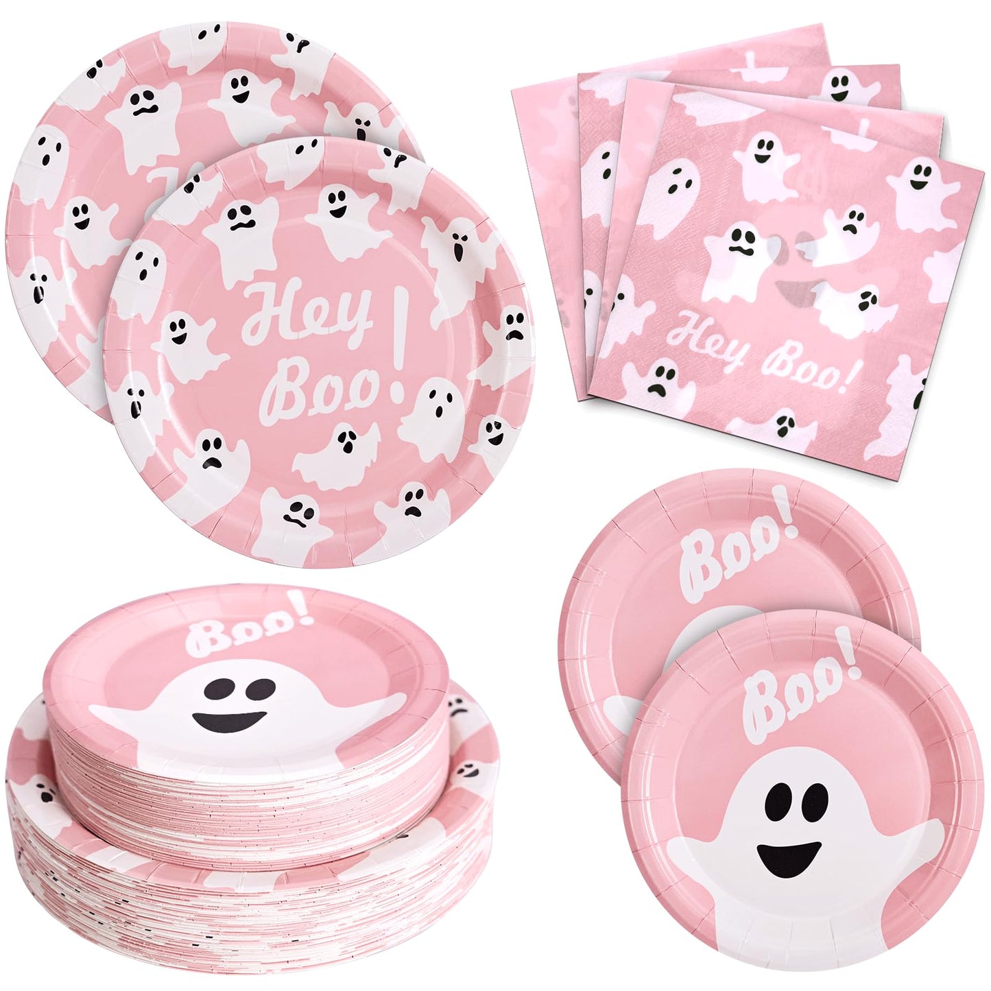 Osonm 180Pcs Halloween Party Supplies Serve 60,Pink Ghost Paper Plates and Napkins Disposable Dinnerware Kit,for Trick or Treat Birthday Party Decorative