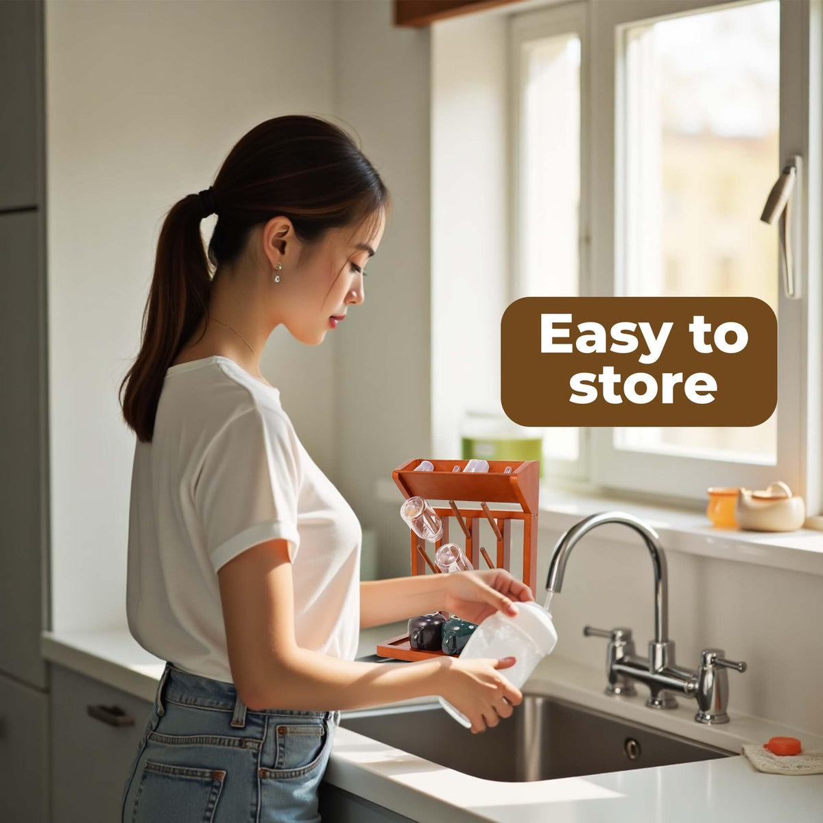 Nabytok Brown Vertical Bottle Drying Rack Rubber Wood 9 Hooks, Use for Bottles, Cups, Mugs, Glasswine, Space Saving Storage Shelf Bottle Holder Dryer Kitchen
