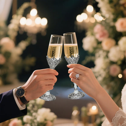 Jozen Gift Champagne Flutes -His and Hers,Wedding Toasting Glasses for Engagement Celebrations, Bridal Shower and Registry Idea, Tall Wine Glasses for Bride and Groom Gifts,7oz (Silver&white)